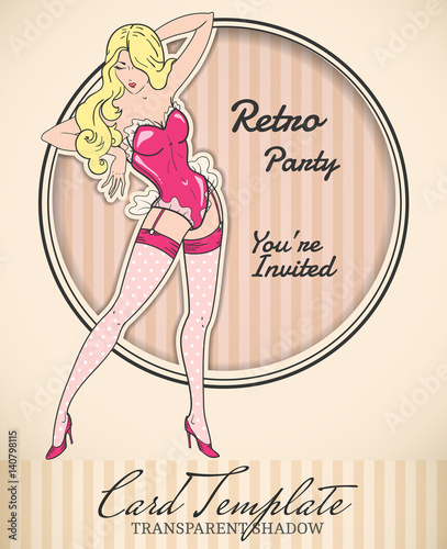 Vector retro pin-up woman illustration with realistic paper cut out effect parts and transparent shadows, template for vintage invitation, poster or card 