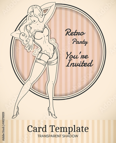 Vector retro pin-up woman illustration with realistic paper cut out effect parts and transparent shadows, template for vintage invitation, poster or card