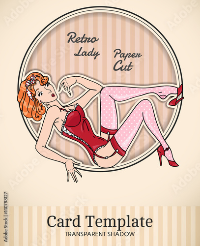 Vector color retro pin-up woman illustration with realistic paper cut out effect parts and transparent shadows, template for vintage invitation, poster or card