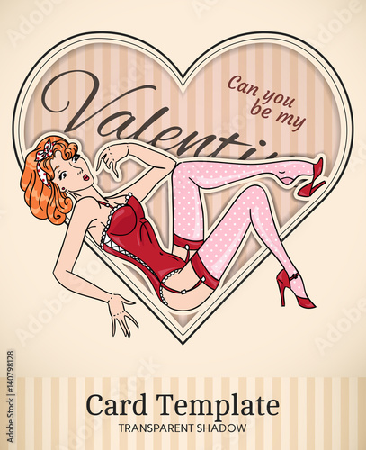 Vector Valentine heart and retro pin-up woman illustration with realistic paper cut out effect parts and transparent shadows - template for vintage invitation, poster or card 