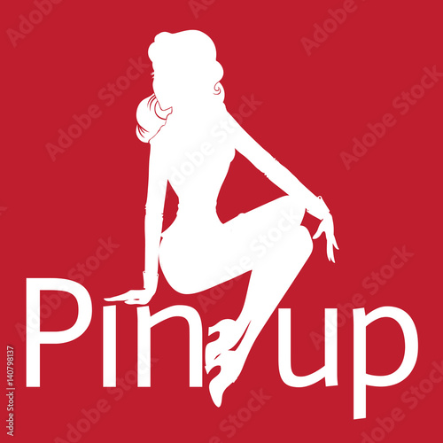 Silhouette of pin-up sexy girl sitting on red background with word pin up