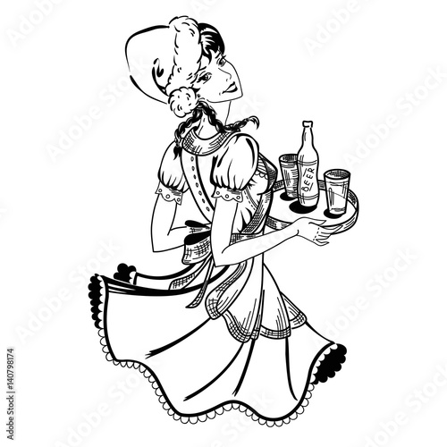 Vector illustration of waitress in Christmas hat in retro style with beer order