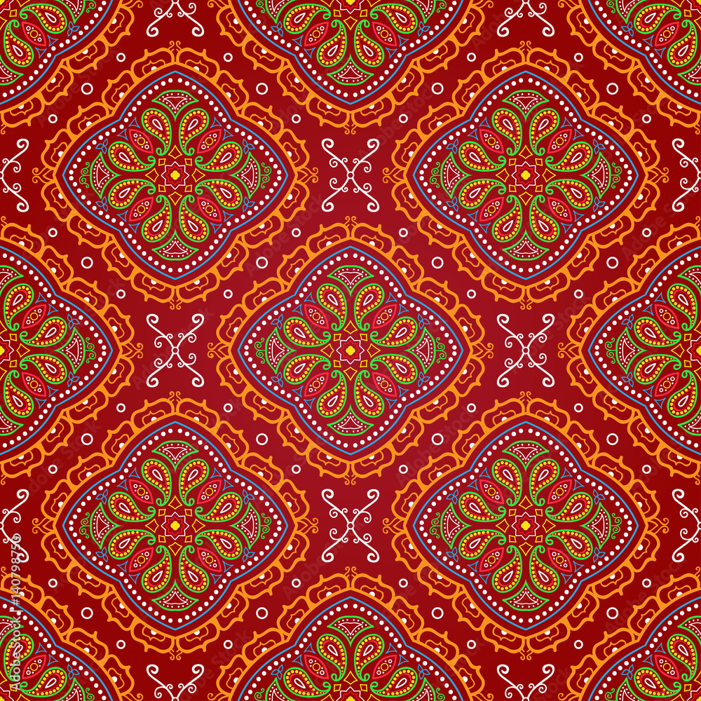Vector bright seamless indian pattern, paisley mandala on red