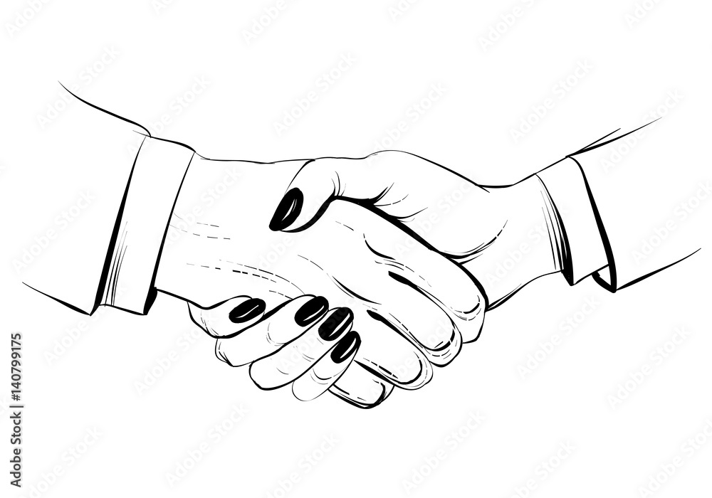 Woman handshake, hand drawn vector sketch illustration. Businessman and businesswoman. Woman handshake, hand drawn vector sketch illustration. Businessman and businesswoman.