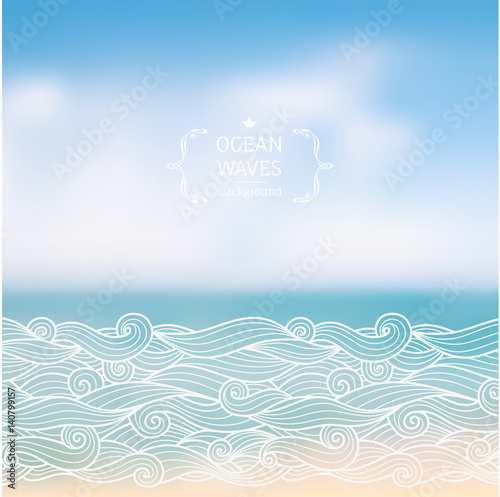 Vector had drawn waves over sea blurred landscape, hipster background 