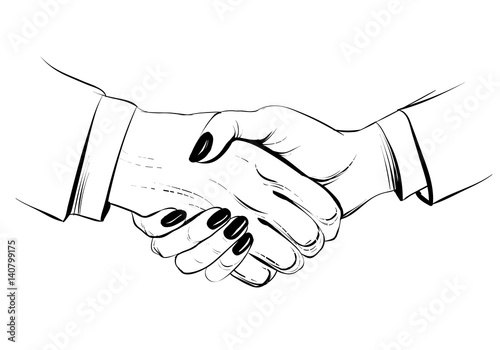 Woman handshake, hand drawn vector sketch illustration. Businessman and businesswoman.