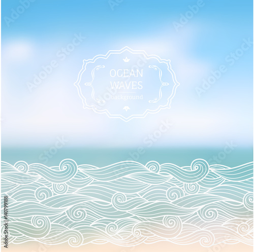 Vector had drawn waves over sea blurred landscape, hipster background 