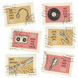 Vector postage stamps collection, retro music equipment theme, canceled - decorative set for scrapbooking