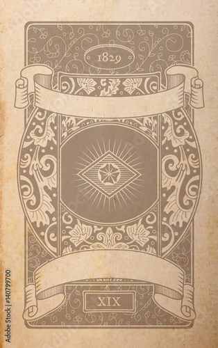 Vector vintage playing cards back design, floral ornamental faded out of time drawing on parchment