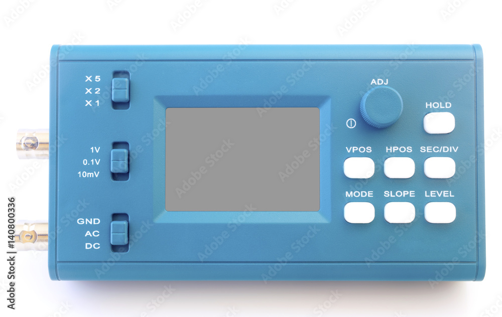 Fototapeta premium Modern digital signal oscilloscope isolated on white background closeup