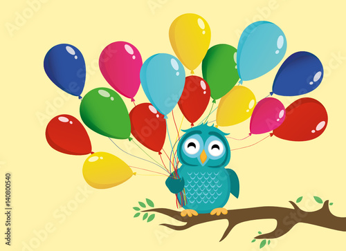 Cute owl sitting on a branch and holding many colorful balloons. Greeting card or birthday invitation.