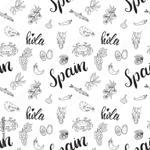 Spain seamless pattern doodle elements, Hand drawn sketch spanish food shrimps, olives, grape, flag and lettering. vector illustration background.