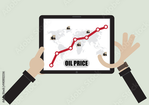 Business male hand point screen of tablet computer Crude Oil Rising Prices Graph.