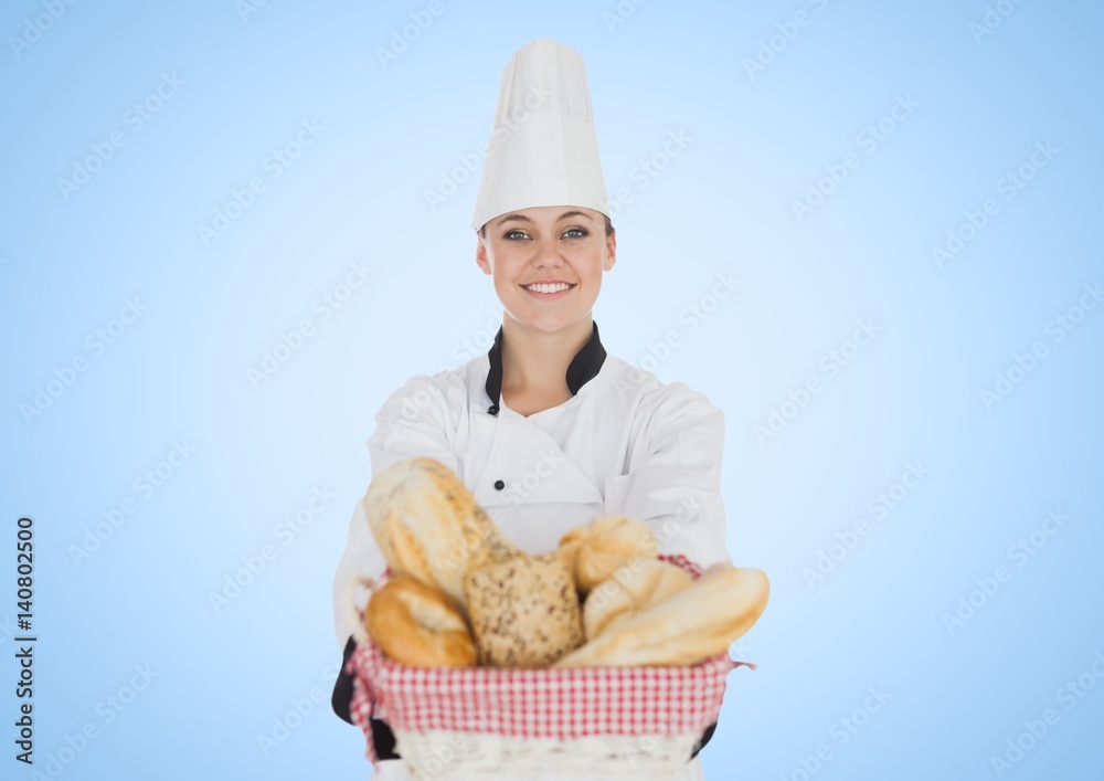 Chef with bread against blue background