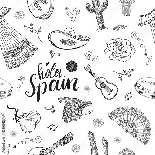 Spain seamless pattern doodle elements, Hand drawn sketch spanish traditional guitars, dress and music instruments, map of spain and lettering - hola spain. vector illustration background