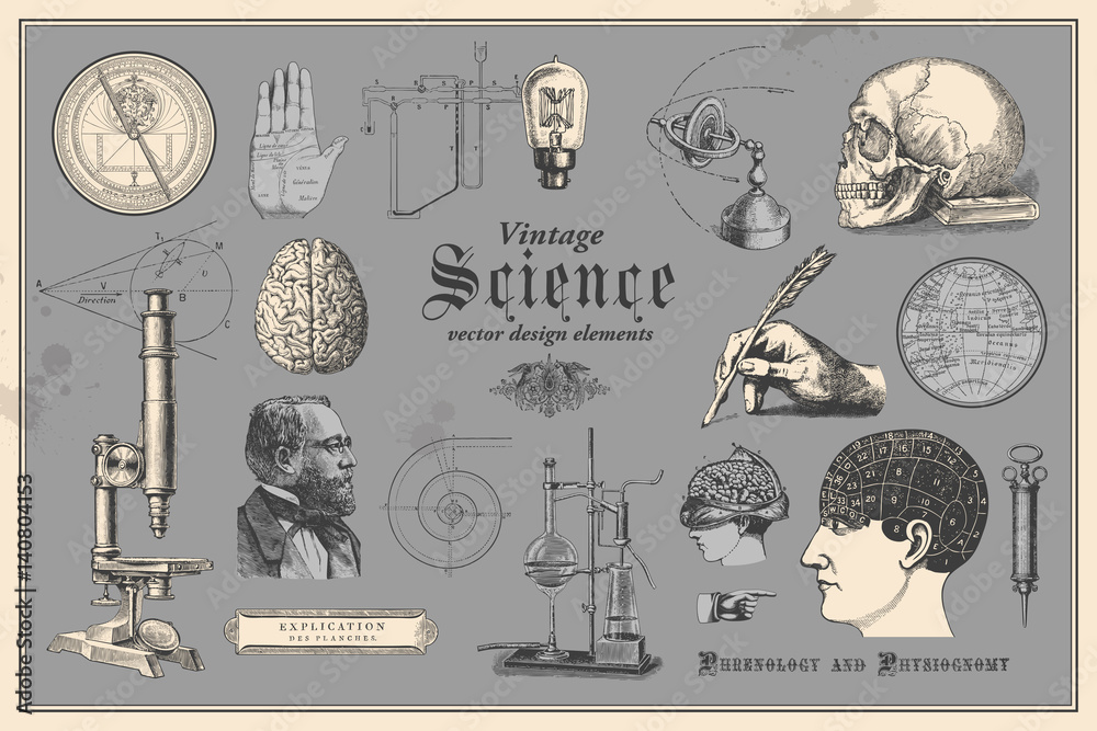 Fototapeta premium elementy grafiki retro: vintage science - zbiór starych rysunków z dziedzin takich jak medycyna, frenologia, chemia, czytanie z dłoni (chiromancja) i nawigacja żeglarska