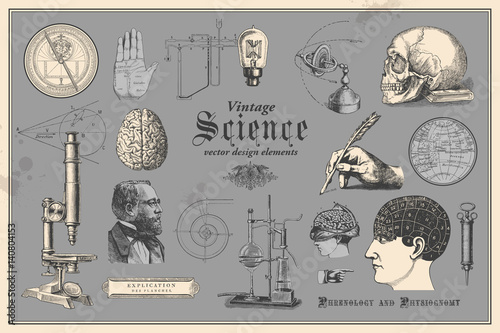 retro graphic design elements: vintage science - collection of vintage drawings featuring disciplines such as medicine, phrenology, chemistry, palm reading (chiromancy) and nautical navigation photo