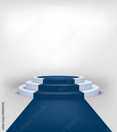 " Podium scene with blue carpet and three stage. Realistic vector pedestal
"
