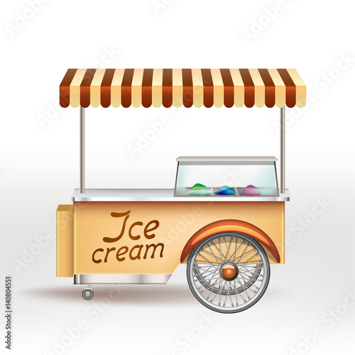 Brown ice cream cart. Food truck Vector illustration. Shop on wheels with the goods
