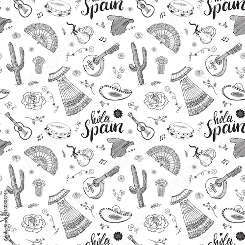 Spain seamless pattern doodle elements, Hand drawn sketch spanish traditional guitars, dress and music instruments, map of spain and lettering - hola spain. vector illustration background