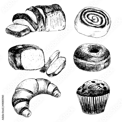 Vector illustration sketch - bakery. Bread, muffin, cinnamon, donut, croissant