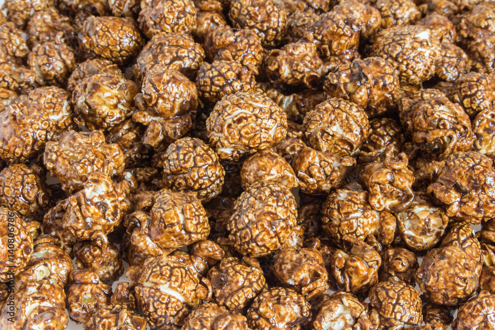 Chocolate caramel popcorn close up