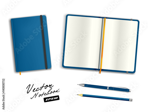 Blue open and closed copybook template with elastic band and bookmark. Realistic stationery cerulean blue  pen and  pencil. Notebook Vector illustration isolated on white background.
