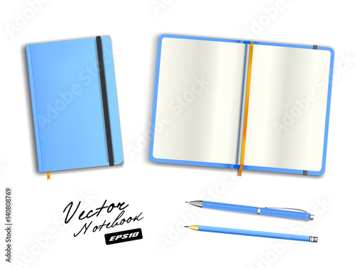 Light blue open and closed copybook template with elastic band and bookmark. Realistic stationery cerulean blank  pen and azure pencil. Notebook Vector illustration isolated on white background.
