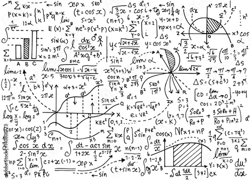Fotografie, Obraz Math education vector pattern with handwritten formulas, tasks,