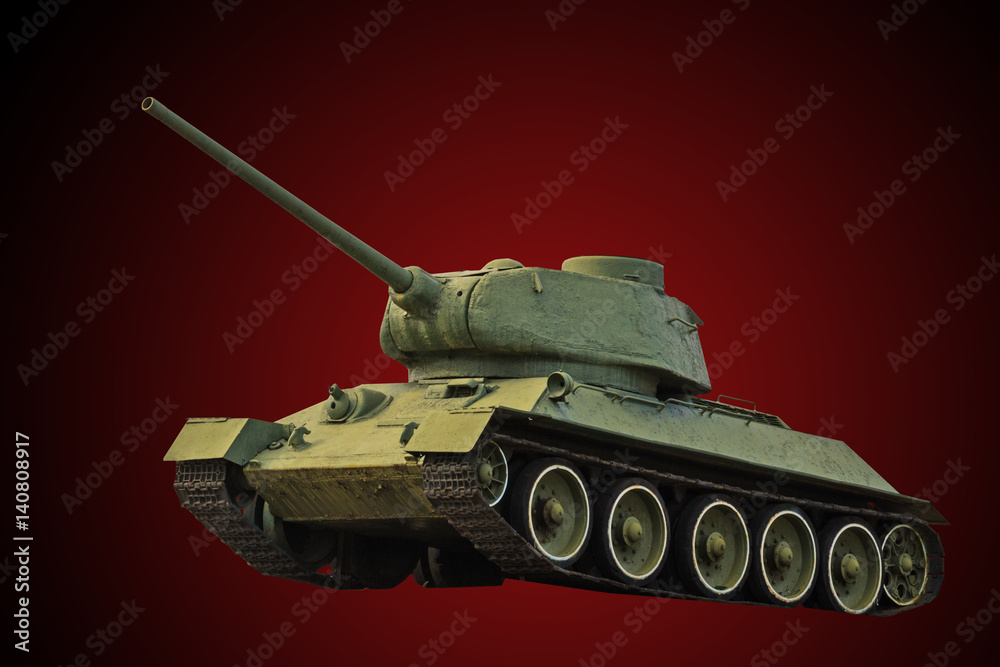 real military tank on a red background