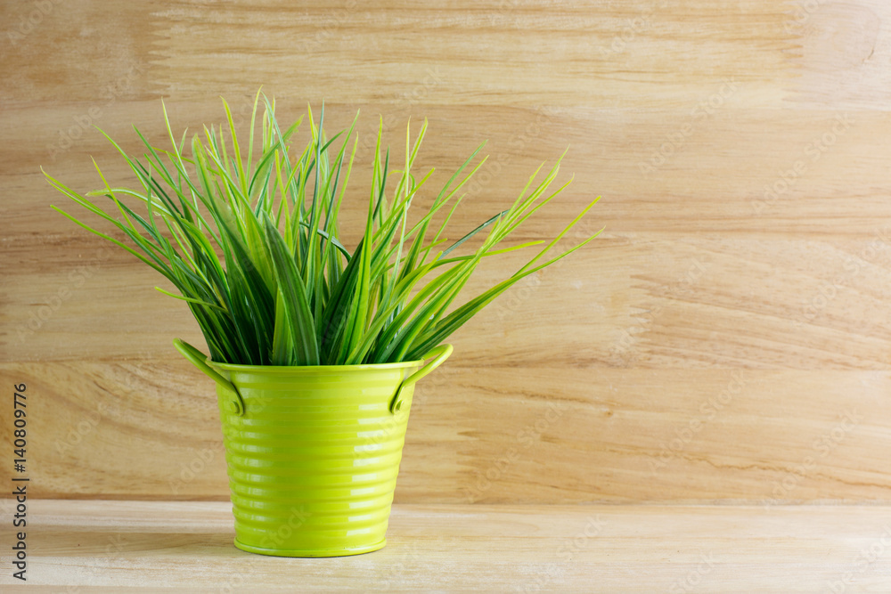 grass plastic in greeb pot color with sunshine on wooden background. grass plastic in greeb pot color with sunshine on wooden background.