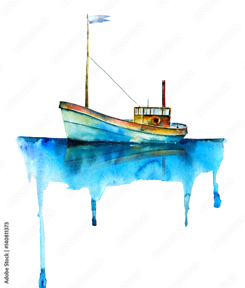 Fototapeta premium Watercolor painting. Cartoon boat on white background.