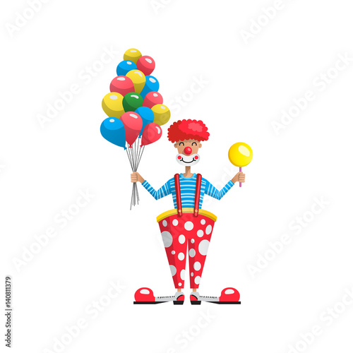 Actor in the role of a clown, working as an animator for childrens parties and shows, entertaining children. Vector cartoon illustration of a showman.