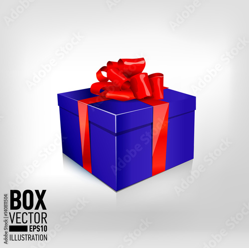single packaged middle blue  gift box with satin red bow and ribbon isolated on white background
