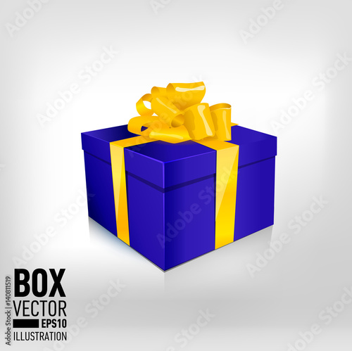 single packaged middle blue  gift box with satin yellow bow and ribbon isolated on white background
