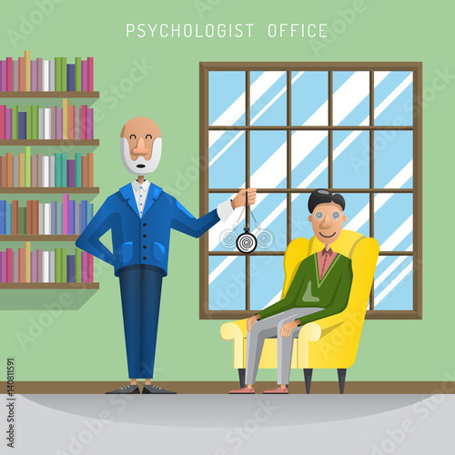 Flat vector illustration the psychologist enters the patient into hypnosis in my clinic, psychological assistance. The interior of the psychologist office