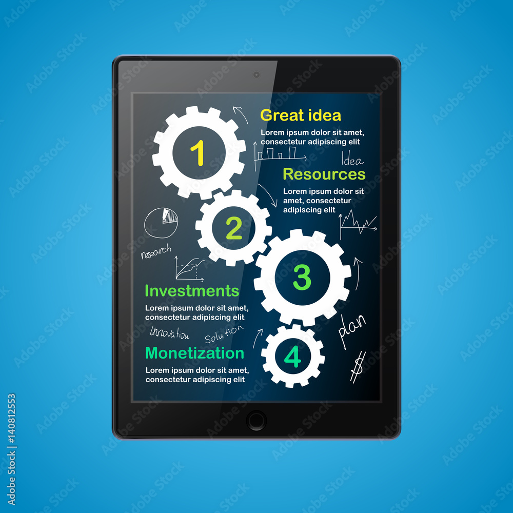 Business concept with 4 options, parts, steps or processes on tablet screen. Vector illustration