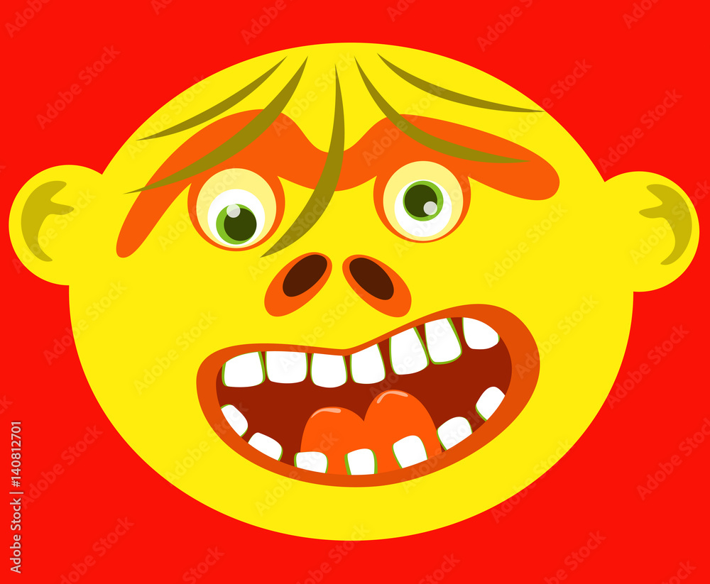 Cartoon ugly yellow monster face on red background. Cartoon ugly yellow monster face on red background.