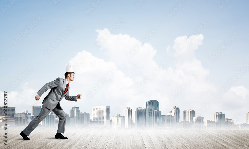 King businessman in elegant suit running and modern cityscape at background King businessman in elegant suit running and modern cityscape at background