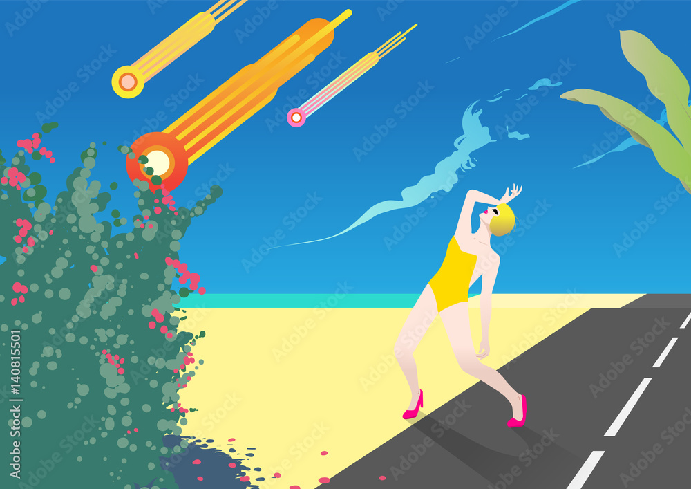 Fototapeta premium 80s style beach road and comet