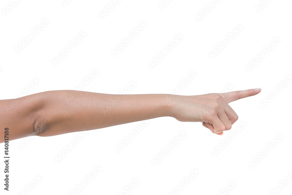 a woman show right side hand show forefinger/index finger, correct, pointing, shoot. isolated on white background. a woman show right side hand show forefinger/index finger, correct, pointing, shoot. isolated on white background.