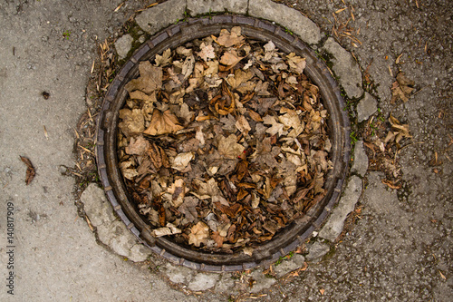 Manhole cover is covered with dry leaves, around the old cracked asphalt