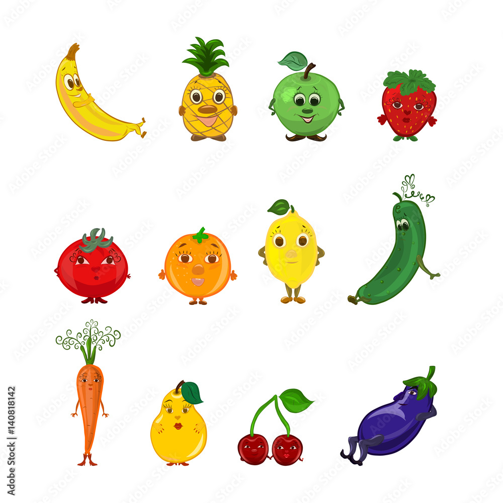 A set of funny fruits and vegetables with faces, smileys A set of funny fruits and vegetables with faces, smileys