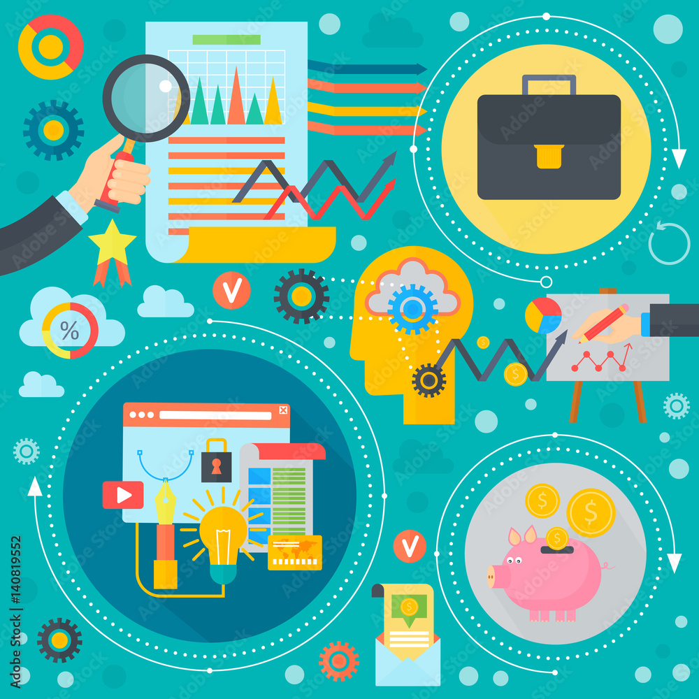 Fototapeta premium Business and finance flat concept. Business infographics template icons in circles design, web elements, poster banner, Vector illustration.