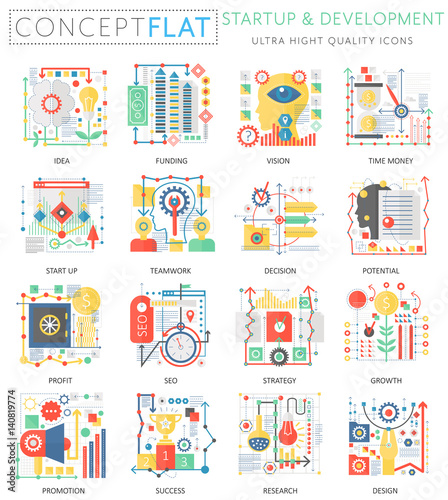 Infographics mini concept startup and development, computer protection icons for web. Premium quality color conceptual flat icons elements. Start-up and development concepts.