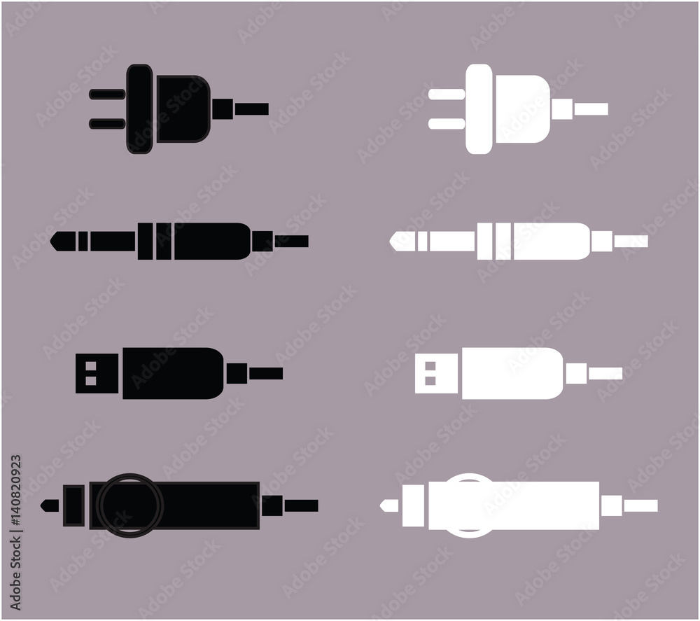 Еlectrical connectors, USB connector. Connection technology, connector electric power, device connect, wire and socket. Vector silhouette illustration. Еlectrical connectors, USB connector. Connection technology, connector electric power, device connect, wire and socket. Vector silhouette illustration.