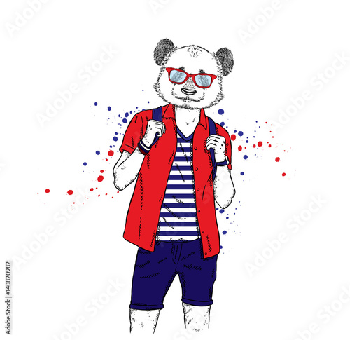 Fototapeta Naklejka Na Ścianę i Meble -  A handsome guy with a panda head dressed in a T-shirt, shirt and shorts. Summer clothes. Vector illustration. Hipster.