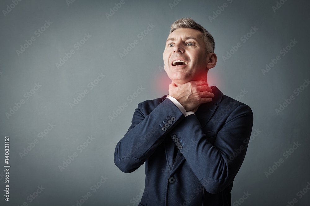 Businessman having asthma attack or choking can't breath Businessman having asthma attack or choking can't breath