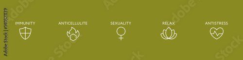 Outline icons spa, beauty, relaxing. Massage, bath oil cosmetic elements