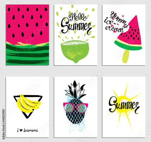A set of stylish summer cards. Watermelon, ice cream, sun, bananas, lime and pineapple. Vector illustration.